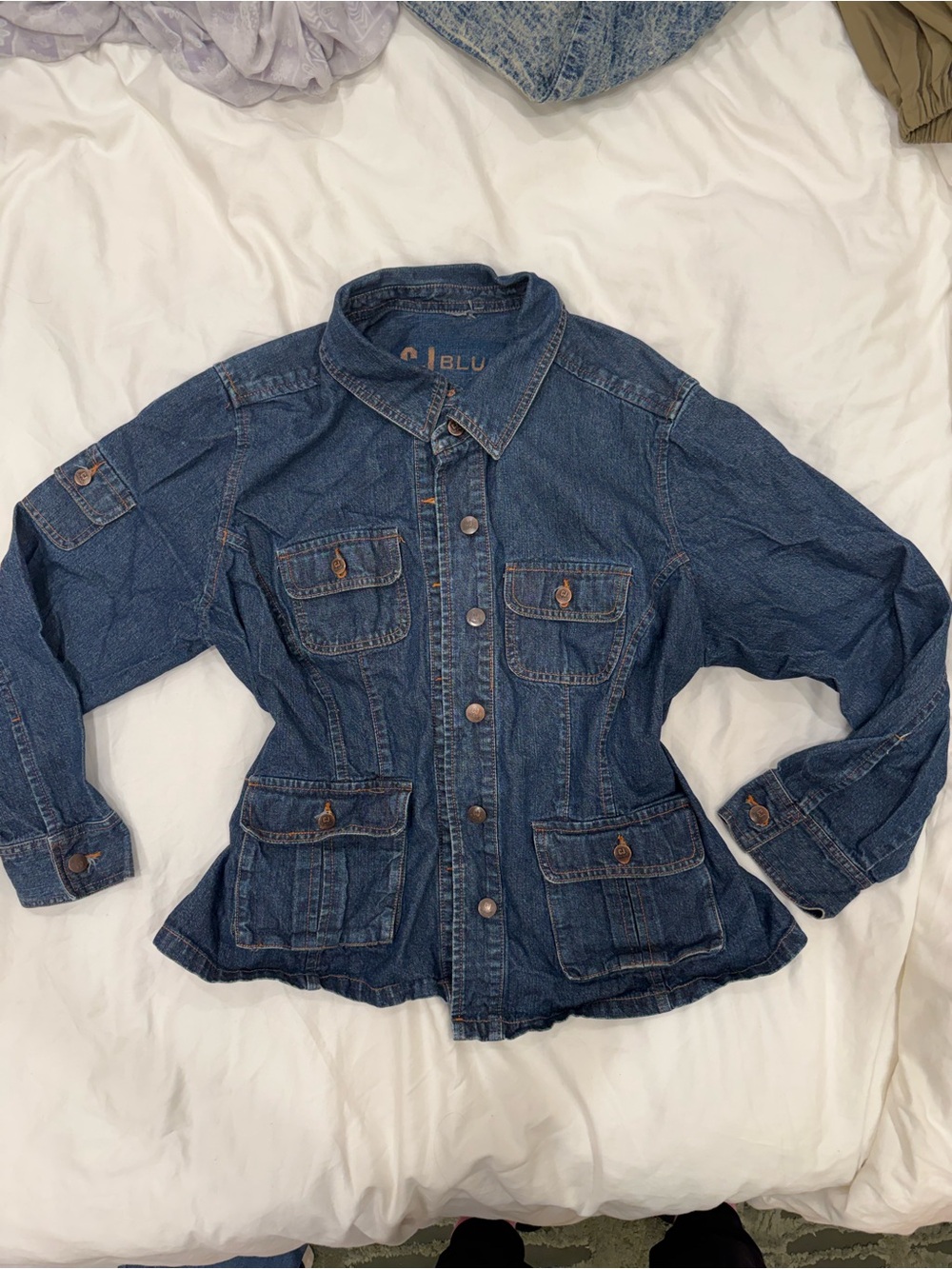 Women's Dark Blue Denim Jacket with Utility Pockets